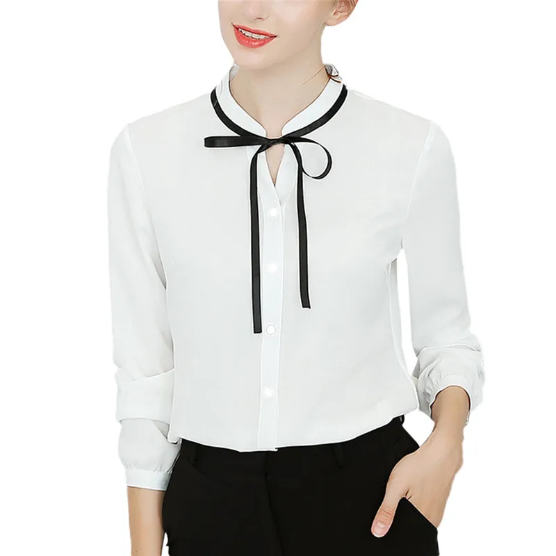 Однотонная женская рубашка с бантом, блузки для женщин с v-образным вырезом и длинными рукавами, элегантная женская одежда, Женская офисная блуза - Цвет: Белый