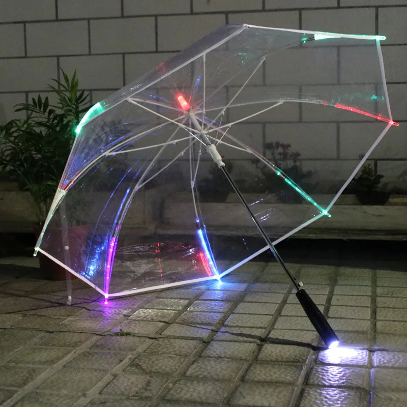 

Hot Sale 7 Colors Flashing LED Luminous Transparent Umbrella with Flashlight Function for Dance Performance Ads Shoot