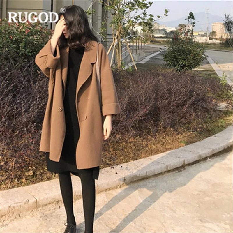 RUGOD/длинная стильная зимняя одежда, Женское шерстяное пальто, однобортный Тонкий однотонный офисный Женский Тренч, Casaco Feminino