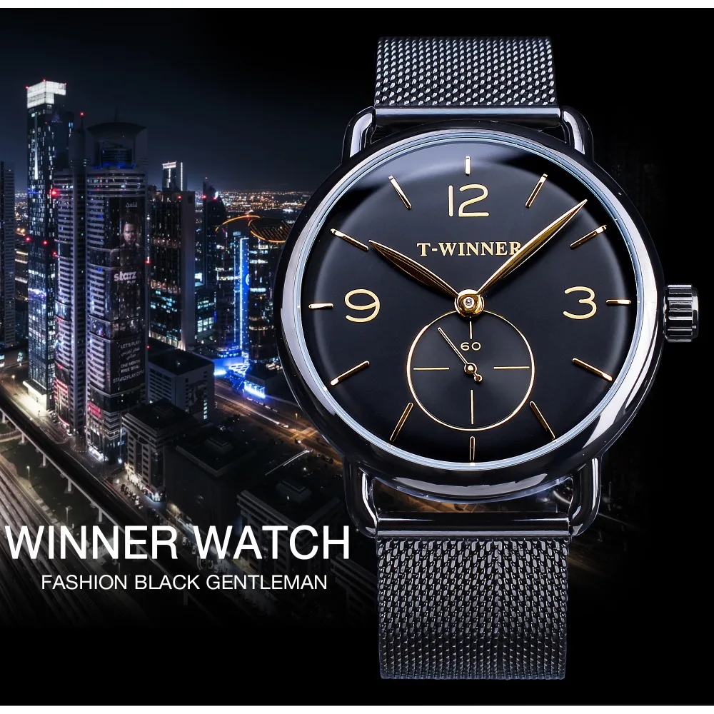 Winner 2019 модные Sub Dial Дизайн Классические черные золотые часы Мужские механические