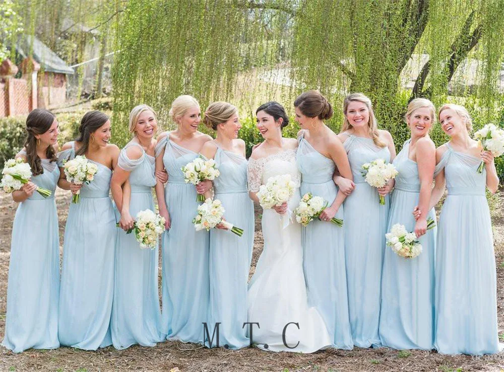 

Elegant Mint Blue One Shoulder Bridesmaid Dresses A Line Chiffon Floor Length Maid Of Honor Long Dress Cheap Women Party Gowns