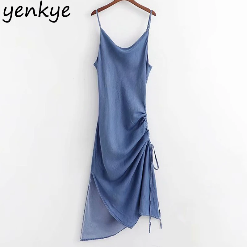 

Sexy Sling Summer Dress 2019 Women Vintage Blue Tencel Denim Dress Lady Backless Sleeveless Side Slits Draped Long Maxi Dress