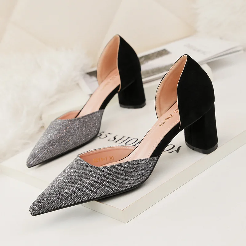 

Pointed Toe Sexy Sandals Block Heels Bling Shoes 2018 Summer Autumn Medium Heeled Sandals Ladies Office Wedding Shoe