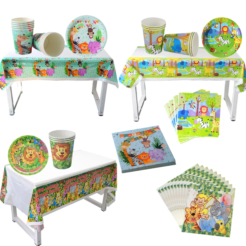 

MEIDDING Jungle Party Disposable Tableware Supplies Boy Kids Birthday Party Table Decor Safari Plates Cups Napkins Tablecloth