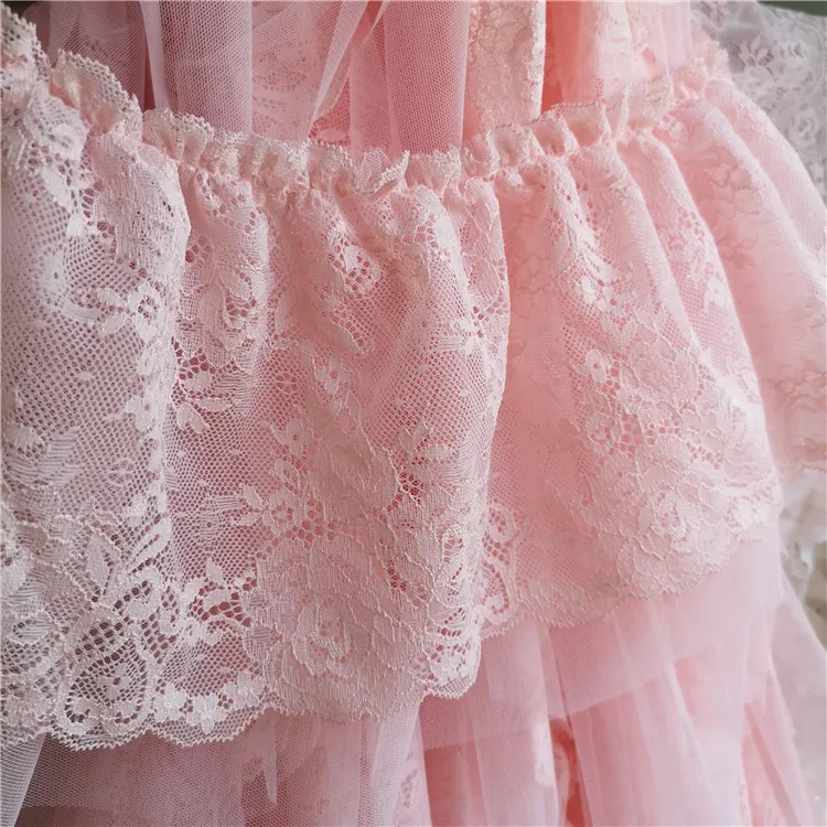 

3Meters Factory Price Mesh 21cm Baby Pink Plated Ruffled Lace Multi Layer Eyelash Lace Trimming Polyester DIY Material X059