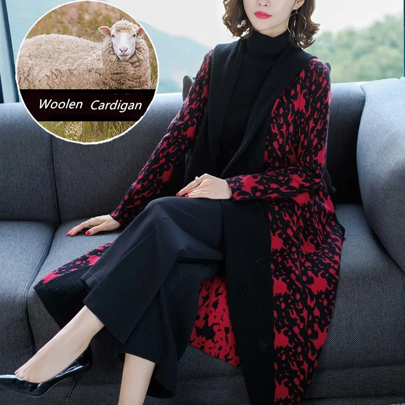 

New Autumn Winter European Brand Women's Wool Cardigan Hooded Overcoat Long Loose Knitted Sweater Trench Coats