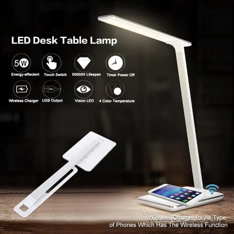 

US EU UK 5W LED Desk Table Lamp Smart Folding Light With Wireless Desktop Charger USB Flexible Eye Protection Night Book Lights