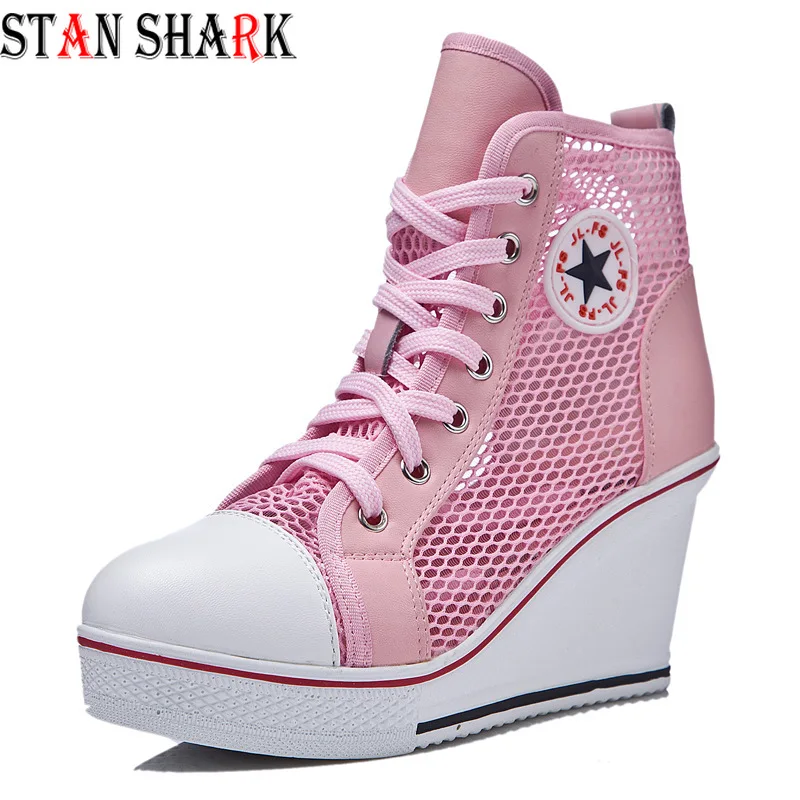 

New Women Wedges High Top Platform Casual Shoes mesh Woman Sneakers Trainers High Heels Canvas Shoes Breathable Sneakers Shoes