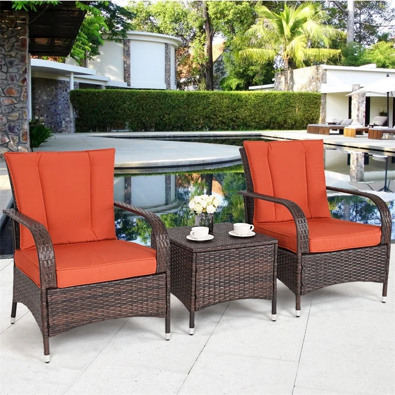 

3 Pcs Outdoor Patio Garden PE Rattan Wicker Furniture Set 1 Coffee Tables and 2 Chairs Comfort Thick Cushions HW58621