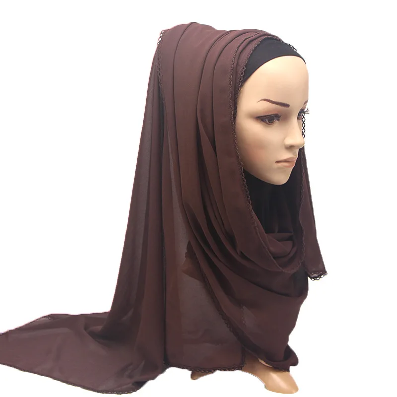 Модные женские шарфы с кружевными краями, исламский головной платок, шифоновый мусульманский хиджаб, тюрбан, простая длинная шаль, платок, палантин, 180*75 см