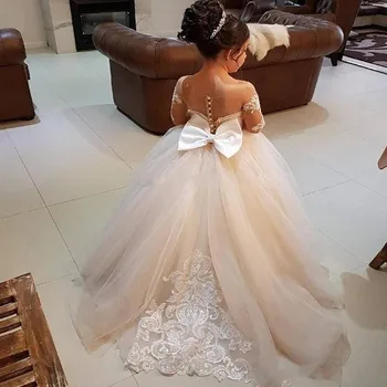 

Lovely Long Sleeves Girls Pageant Dresses Appliques Bow Back Ball Gown Flower Girl Dress Illusion Kids Birthday Party Wear
