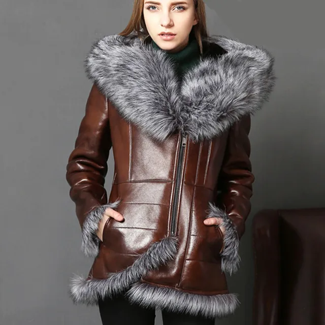 Winter Warm Real Fur Coat Women With Real Fox Fur Trim Genuine Leather