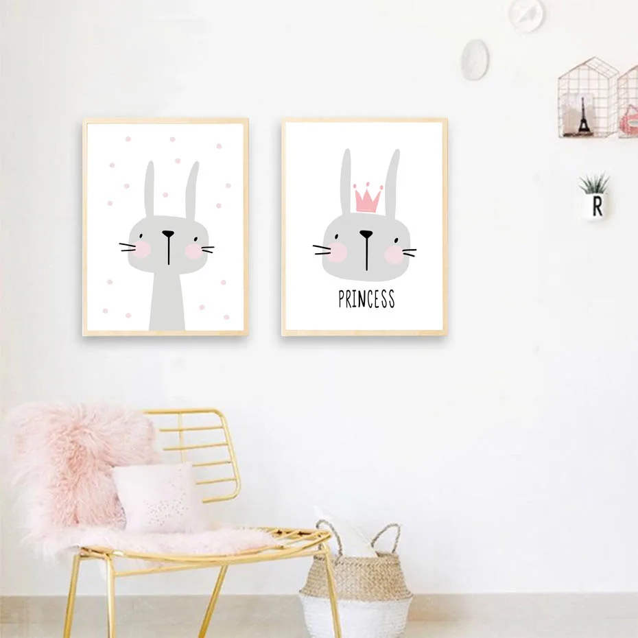 Розовый мультфильм детская девочка Настенная картина плакат Принт кролик Корона детская комната современный холст живопись Дети стены искусство росписи