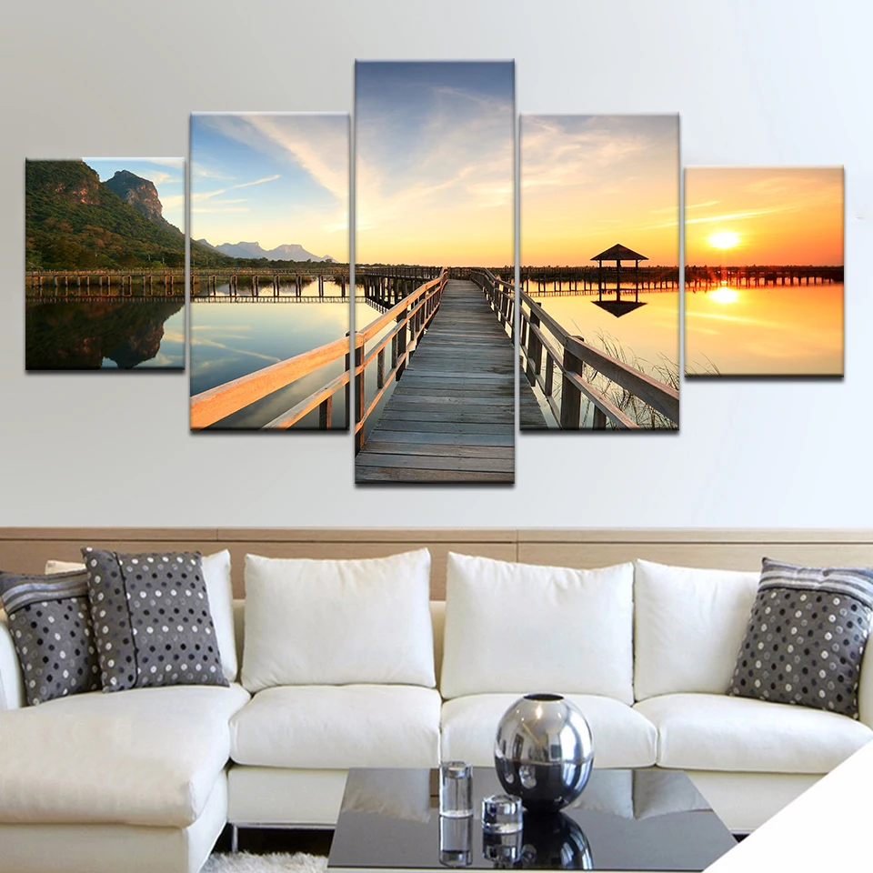 

Frame HD Printed Living Room Modular 5 Panel Wooden Bridge Lake Sunset Pictures Wall Art Poster Home Decor Canvas Modern Paintin