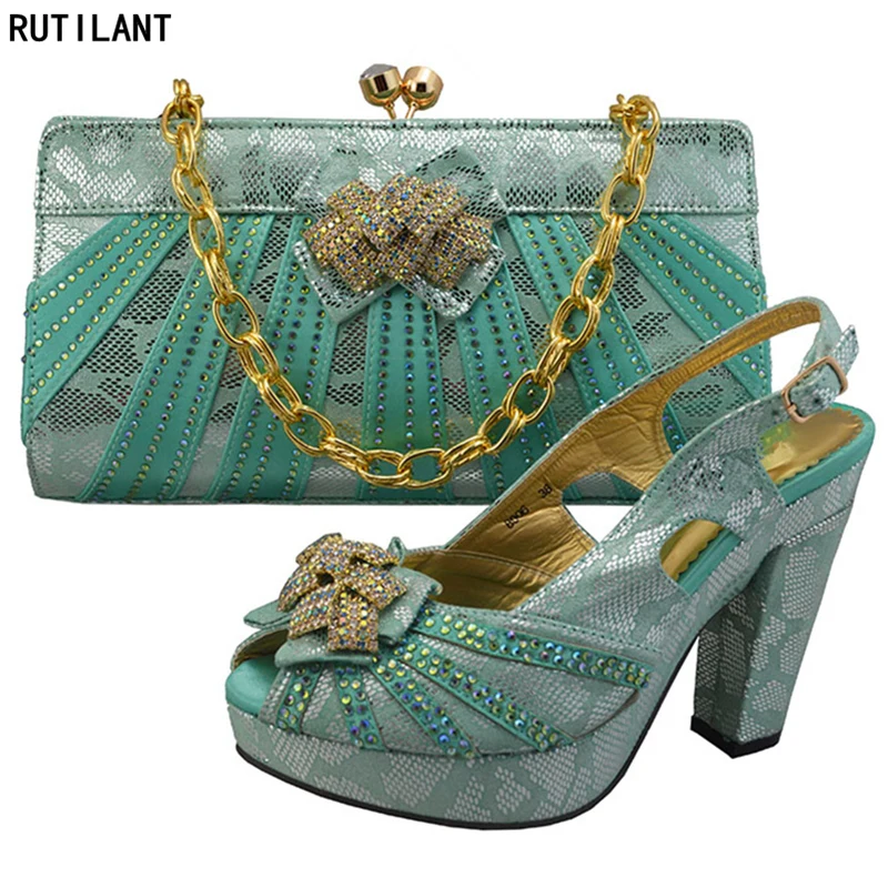

Lake Green Color Nigerian Party Shoe and Bag Sets African Matching Shoe and Bag Italian In Women Elegant Women Shoes and Bag Set