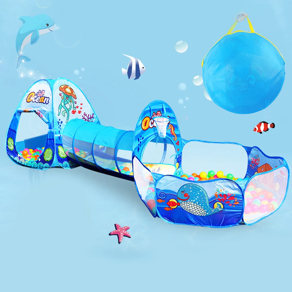 Kids 3-in-1 Blue Sea Themed Playhouse Tunnel Ball Pool Play Tent Toy for Park Garden Home Picnic Outdoor Toy