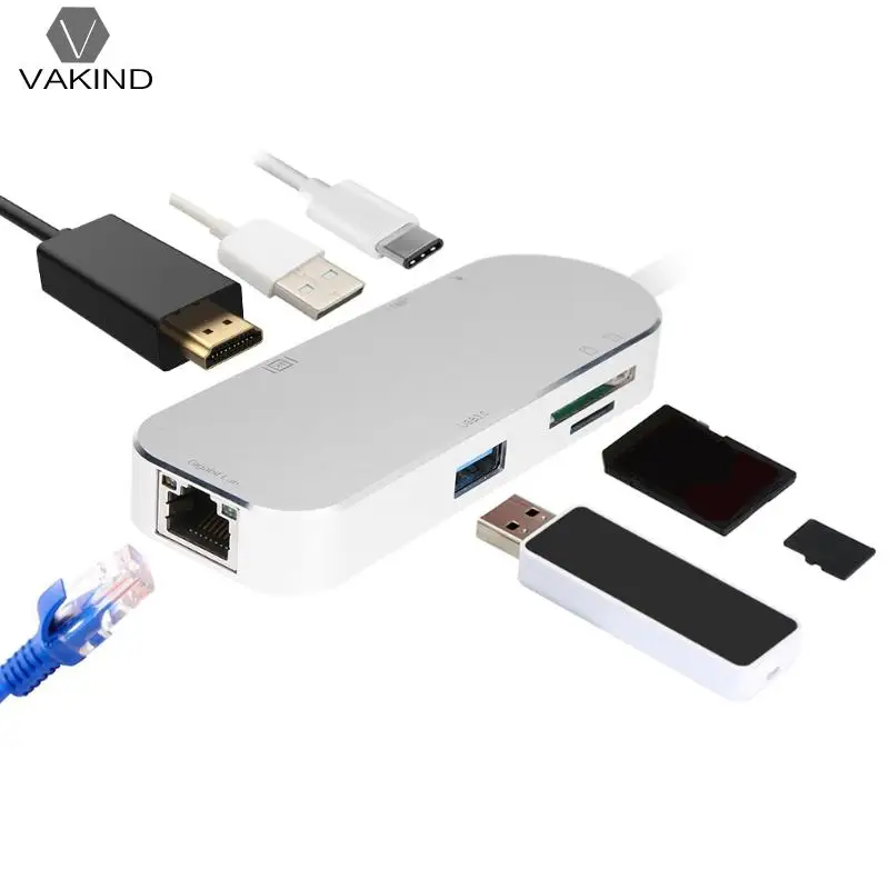 

7 in 1 Multiple Port Type-C HUB Splitter + RJ45 Gigabit Ethernet + 4K HDMI + TF Card Reader + 2 USB 3.0 Hub Adapter for MacBook