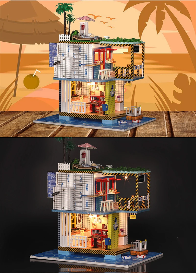 DIY Dollhouse Wooden Miniature Doll House Sea Post Station Handmade Building Model Assemble Kits Casa De Boneca Toys (4)