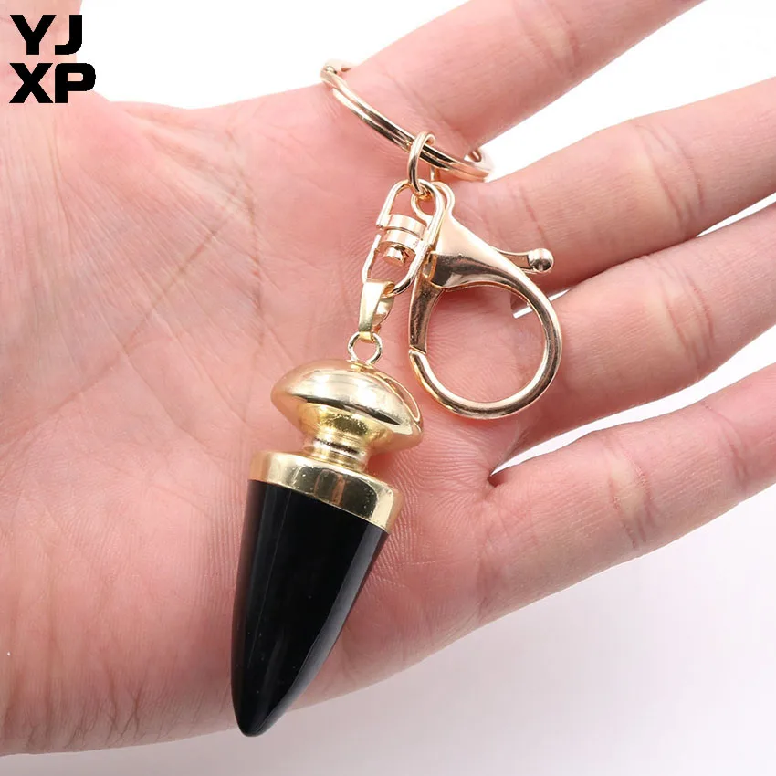 

YJXP Simple Personalized Natural Black Agates Pyramid Car Keychains Key Ring Holder Big Lobster Clasp Circle Bag Hanging Buckle