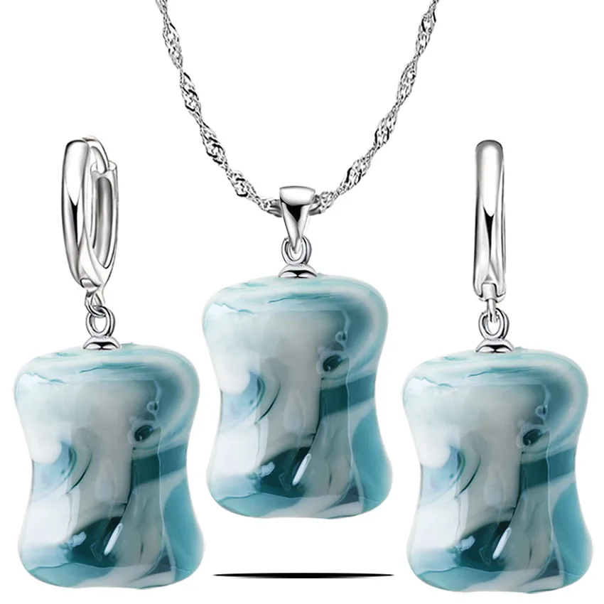 

Qianbei new 7Color Womens Murano Glass Shell Jewelry sets women Silver necklace earrings FREE