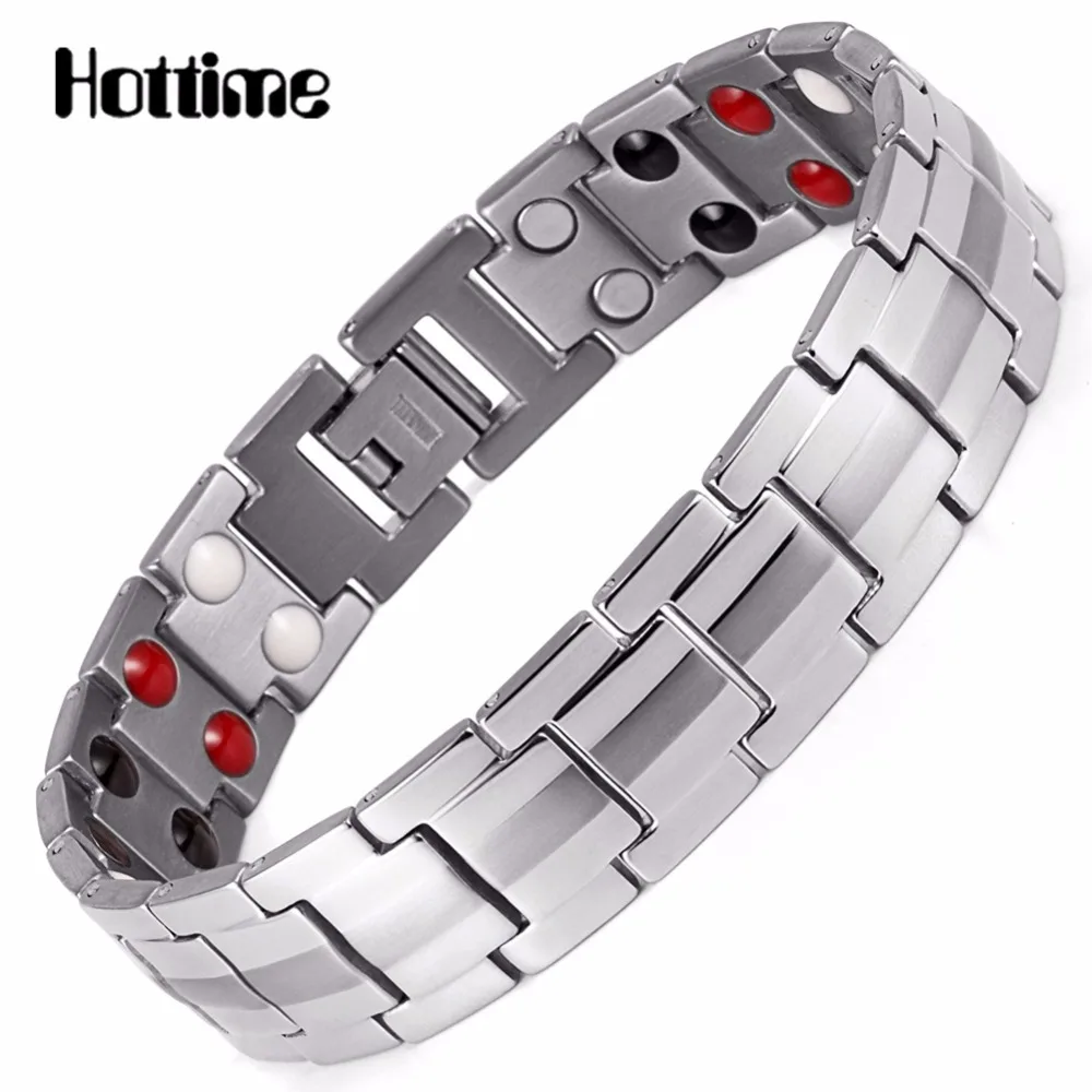 Hottime Double Row Black Gun Plated Men Health Magnetic Bracelet Titanium Steel Bracelets For Man Magnet Energy Armband 10142