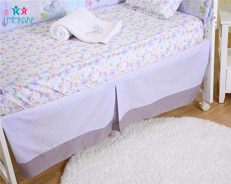 Хлопковые мягкие бортики для кровати, светло-фиолетовые бабочки, вышивка, простыня и пододеяльник для маленьких девочек, юбка-кровать, милое постельное белье с рисунком