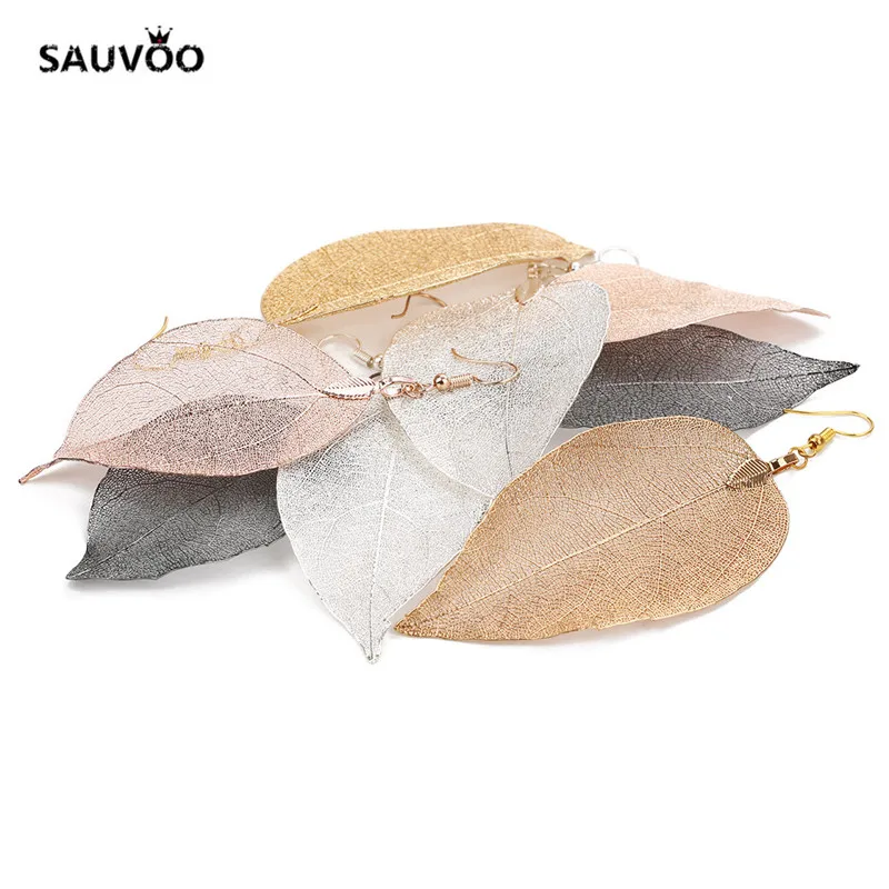 

SAUVOO Natural Real Leaf Earrings Bohemian Long Dangle Earrings For Women Fashion Jewelry Statement Big Earrings Jewelry Gift