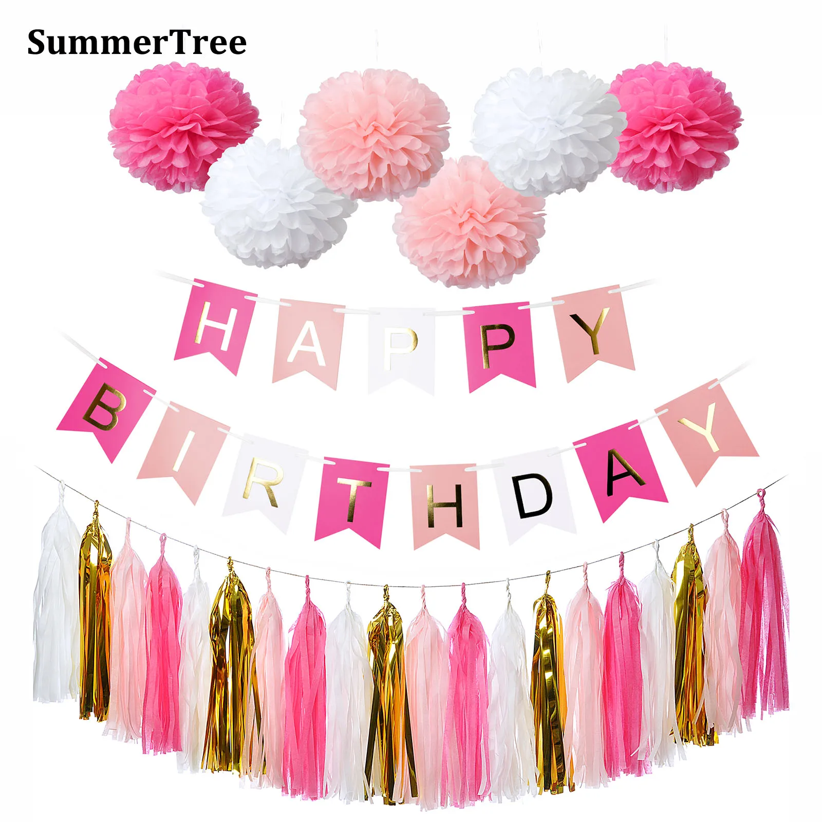 

Happy Birthday Banner Pink White Gold Tissue Paper Tassel Garland Pompom Birthday Decorations Girl Boy Kids Party Favors