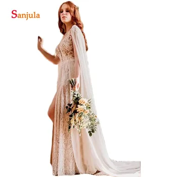 

Vintage Lace Wedding Dresses Illusion V Front Sccop A-Line Wedding Gowns Backless Bohemia Bridal Wedding Wear Leg Slit D695
