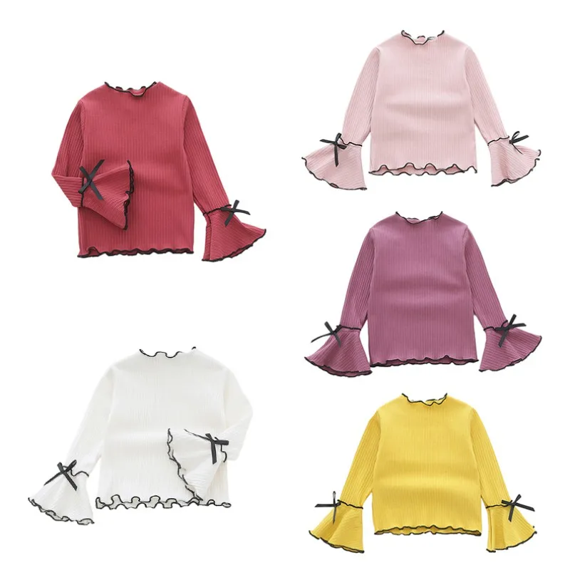 

Baby Girls Sweatshirt Long Ruffle Sleeve Solid Bowknot Clothing Kids Spring Autumn Top Sweatshirt For Girls 9-48 Months