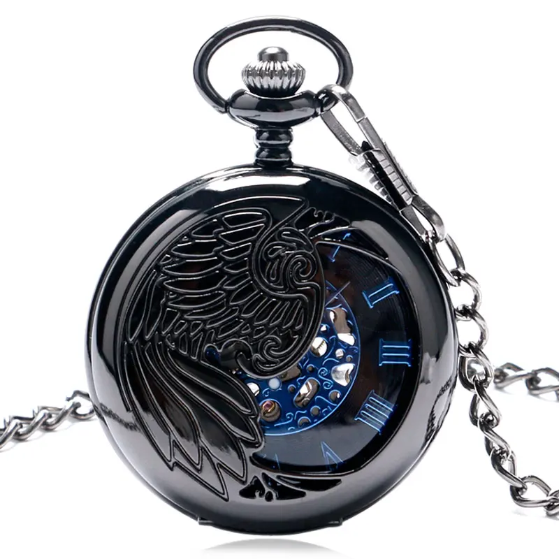 New Trendy Cool Black Peacock Hollow Case Blue Roman Number Skeleton Dial Steampunk Mechanical Pocket Watch