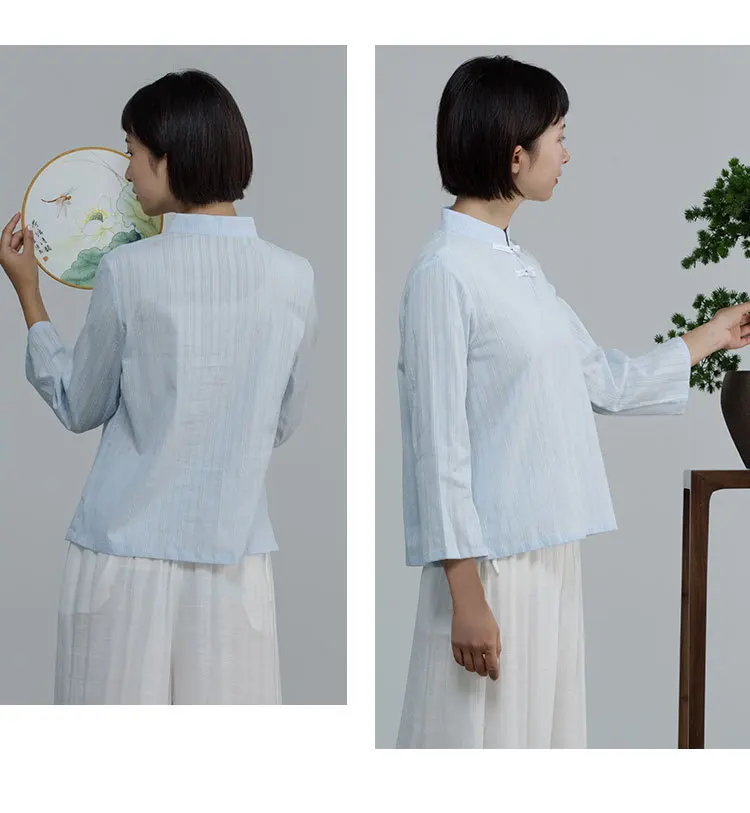 Чайный костюм Cheongsam куртка женская новая хлопковая льняная тарелка Кнопка Китайская одежда дзен чайный сервиз