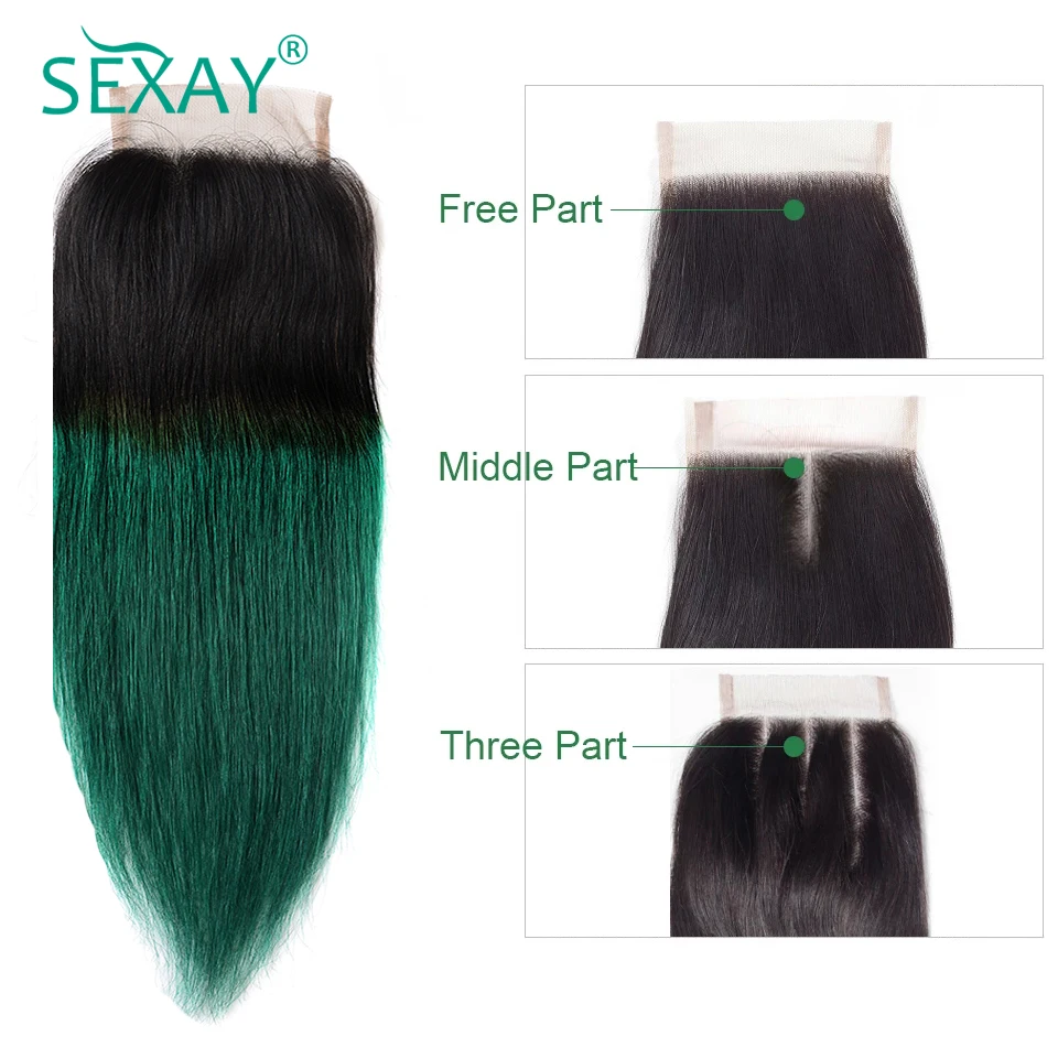  Sexay 4*4 Lace Closure Brazilian Straight Hair Two Tone Ombre Color Hair 1B/Green Human Hair Lace C