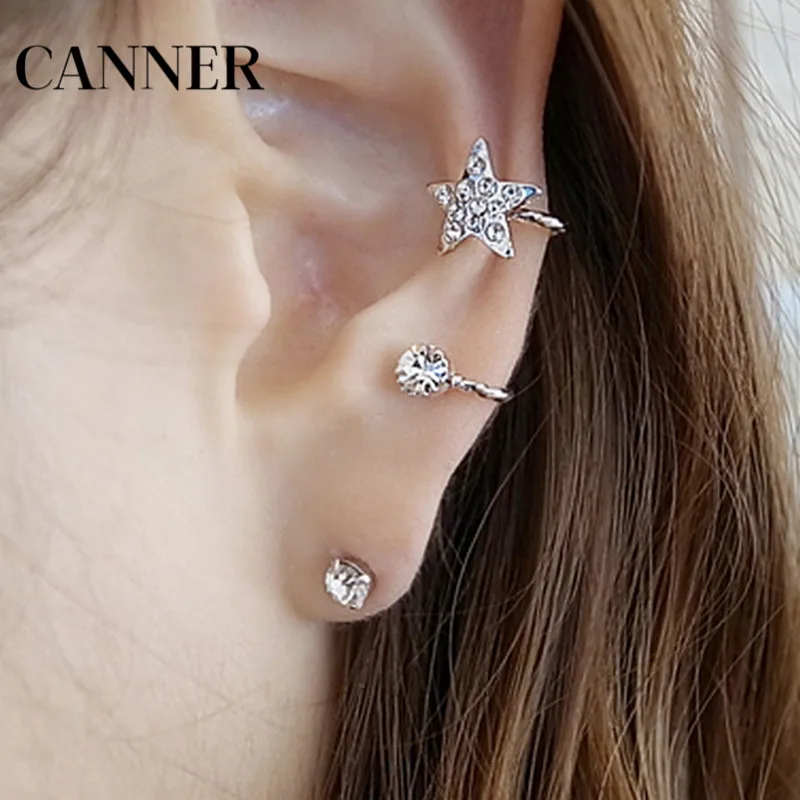 

Canner 2019 New Austria Crystal Earrings Pentagram Rhinestone Ear Clip Women Gold Silver Earrings For Women Wedding Jewelry