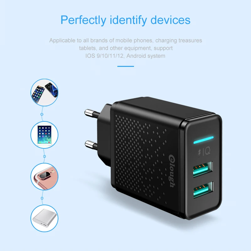 Elough Dual USB зарядное устройство для iphone Samsung Xiaomi Huawei быстрая зарядка 5 В 2.4A максимум огнеупорный материал интеллектуальная зарядка Сильная совместимость адаптер EU штепсель