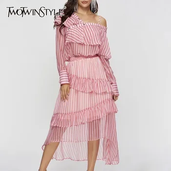 

TWOTWINSTYLE Striped Two Piece Set For Women One Shoulder Long Sleeve Tops High Waist Ruffles Patchwork Skirt Suits Female 2020