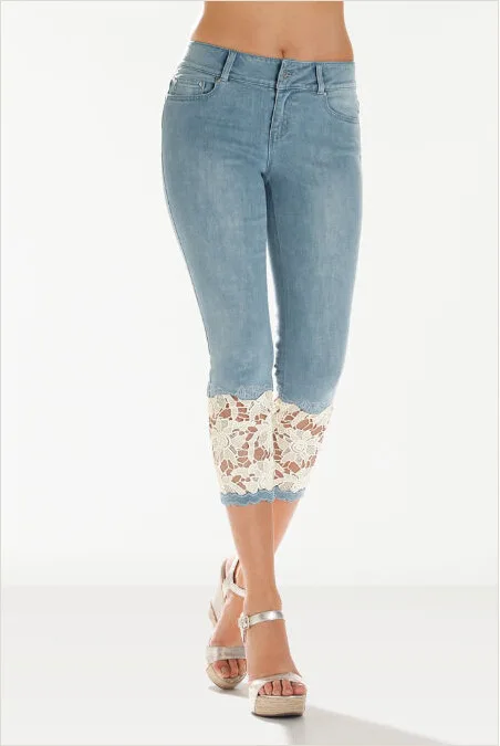 Новые джинсы для женщин с кружевами, укороченные брюки, модные синие повседневные узкие брюки размера плюс S-5XL