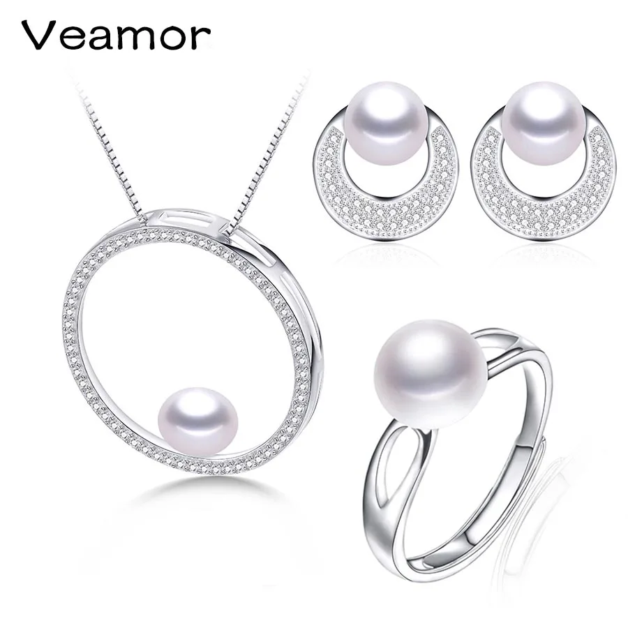 

2017 New Brand 925 Sterling silver Jewelry sets 100% Natural Pearl Ring Engagement Pendant Fashion Wedding Necklace For Women