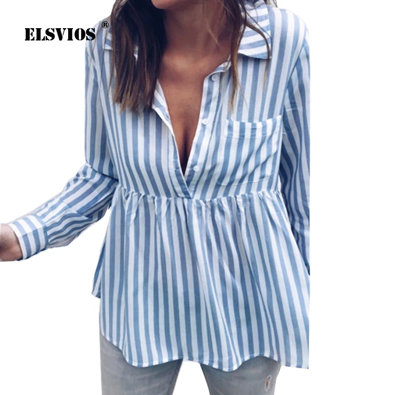 ELSVIOS Summer Autumn Striped Women Tops Blouses Turn down