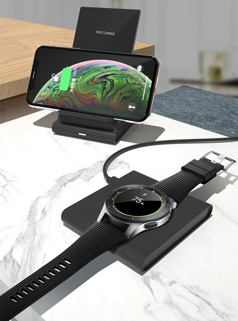 Быстрое беспроводное зарядное устройство QI Подставка для samsung Galaxy Watch gear S2 S3 S4 Sport Airpods Мобильное Беспроводное зарядное устройство съемная