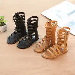 Летние римские длинные сандалии для маленьких девочек 1, 2, 3, 4, 5, 6, 7, 8 лет, ботинки для детей, обувь под платье коричневого и черного цветов