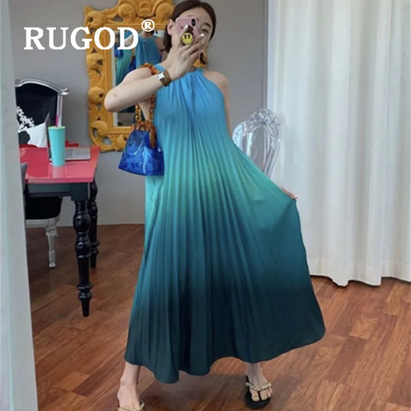 RUGOD корейский градиент свободное платье для женщин Хобо Стиль Мода без рукавов