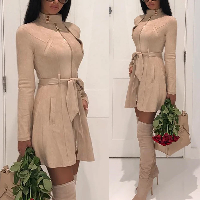 Kopen 2018 Herfst Vrouwen Mode Elegant Drukknoop Lange Mouw Werkkleding Kantoor Jas Trendy Rits Voorvak Ontwerp Belted Jassen