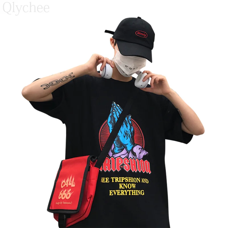 Qlychee Харадзюку молитвенные жесты с буквенным принтом Футболки женские коротким