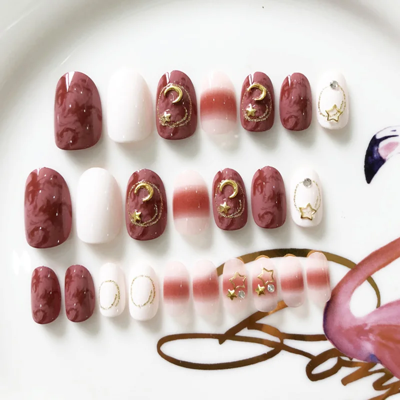 Для женщин корейский стиль полное покрытие поддельные ногти 3D Звезда Луна Цветущий Цвет ногтей советы с клеем средний блестящие стразы накладные ногти