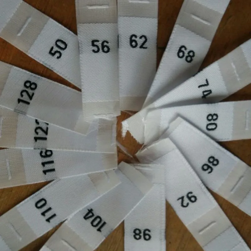 50PCS Packaging Labels Clothing Labels Garment Labels Sewing Labels White Woven Cloth Size Label for baby 56 62 68 74 80 86 92 98 104 110 116 122 128 134 140 146 152 Polyester Sizing Labels