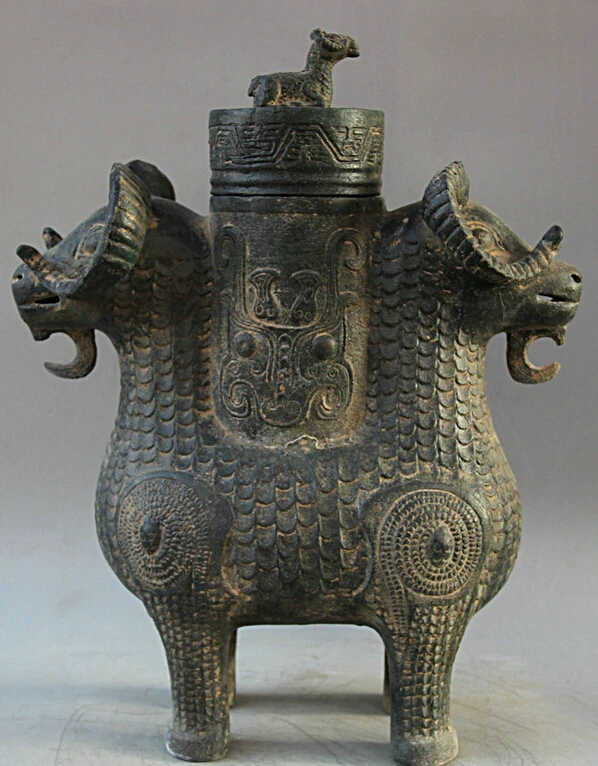 

Elegant old S5663 17" Old Chinese Bronze Folk Two Head Sheep Goat water wine vessel kettle pot (A0321)