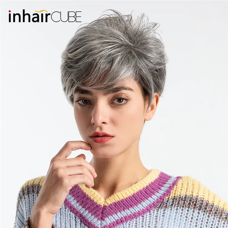 Inhair Cube синтетический короткий парик для волос 8 дюймов серый пушистый