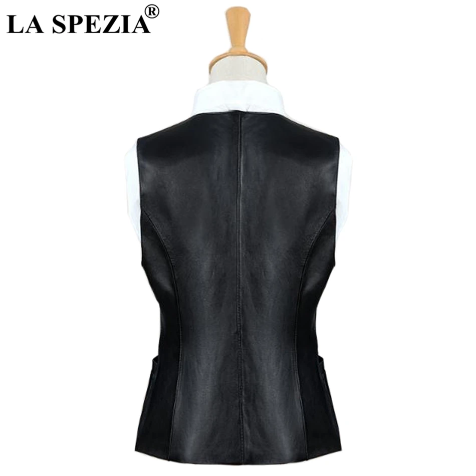 LA SPEZIA Genuine Leather Vest Women Black Zipper Waistcoat Female OL Pockets Slim Fit Gilet Autumn Classic Sleeveless Jackets