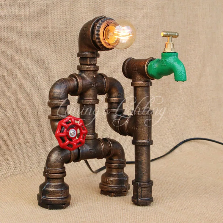 

Retro Water Pipe Table Lamp Vintage Desk Lamp Dimmable Rh American Retro Iron Bedside Table Lamp Bar Robot Bedroom